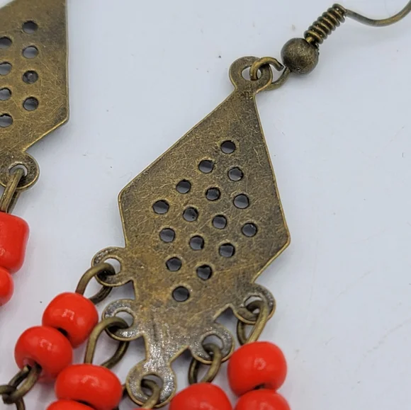 Handmade Czech Glass Beaded Brass Chandelier Earrings Vintage, 3.5" - Picture 7 of 9